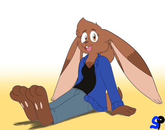 An anthropomorphic rabbit sitting down and looking at the viewer with glee.