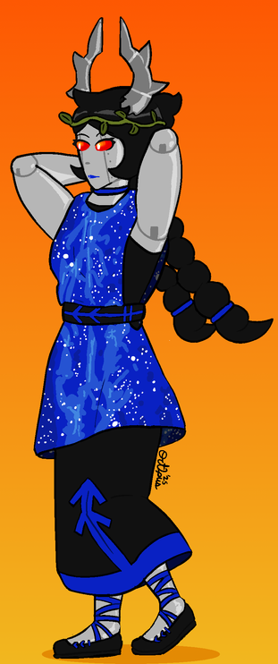 a robot woman in a two layered dress, one of which has a space pattern on it.