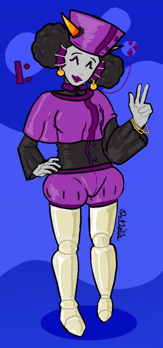 a cheery woman with a big smile. her dress is fairly Ouji lolita. She has porcelain legs