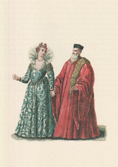 A watercolour of a man, dress in a long red robe, with a golden stole across the shoulder. He has a white beard, and wears a black cap. He's accompanied by a woman in a turquoise dress, with a wide collar of stiffened lace.