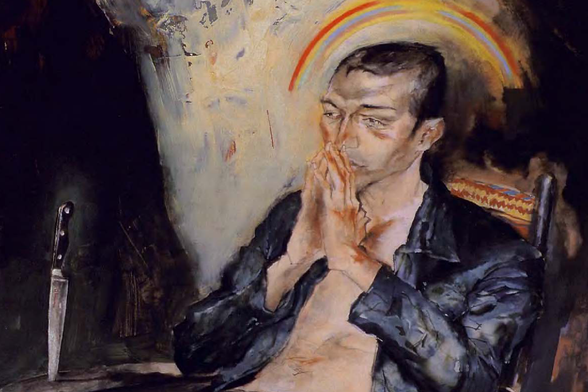 1995 The Contradiction of Absent Mindedness
A man sits in contemplation, with a knife positioned ominously on the table next to him.
His hand is raised near his mouth as if he's praying or deep in thought.