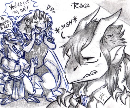 Traditional illustration, drawn with ballpoint pen and pencil, of two gargoyles teasing a third. 
Balthazar has lost a bet with Whistle and Indiana (his son), and now he must pay the price...