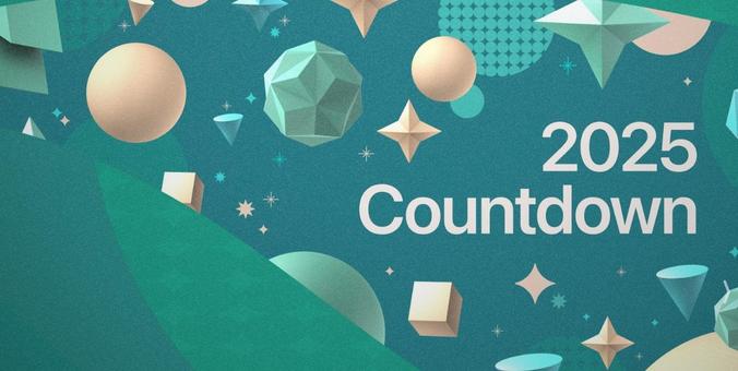 Festliches Banner von Apple mit dem Schriftzug "2025 Countdown" und goldenen sowie grünen geometrischen Figuren. Foto (c) Apple.