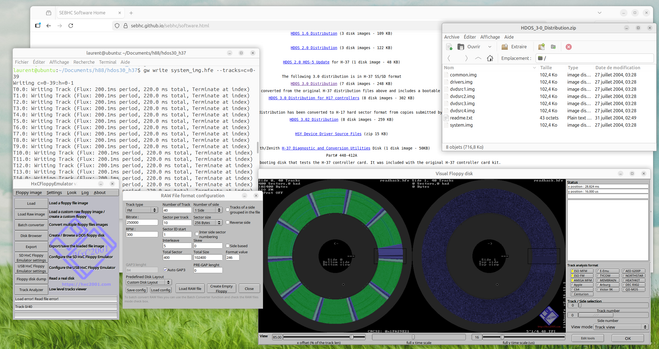 Une copie d'écran du bureau Linux avec les différents éléments mentionnés dans le toot, et une vue graphique du contenu de la disquette générée avec HxC