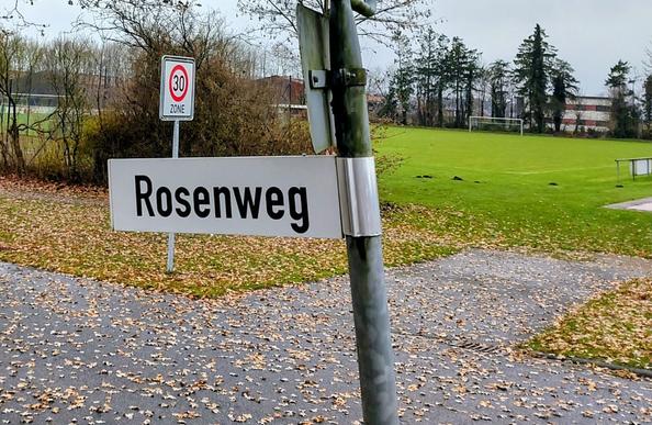 Foto des Straßenschilds "Rosenweg", dahinter sieht man das neue Verkehrsschild "30 km/h Zone".