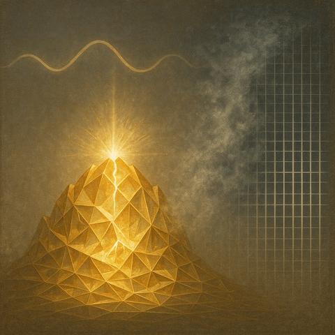 Wissenschaftliche Bildbeschreibung
-Deutsch
Das Bild zeigt die späte Phase des Mallinckrodt-Zyklus als strukturell-metaphysisches Modell:
Ein goldenes, kristallin-geometrisches Gebirge repräsentiert den Zustand maximaler Ordnung, der durch die zunehmende Verhärtung der System-struktur entsteht. Der vertikal verlaufende Riss im Zentrum symbolisiert den Moment des Zusammenbruchs - den Punkt, an dem die äußere Perfektion des Systems ihre innere Dynamik vollständig verliert.
Oberhalb des Kristallgebirges verläuft eine abgeflachte Schwingungswelle, die den kollabierten Parameter S(t) der Ontologie der Schwingung dar stellt. Rechts im Bild zeigt ein graublaues Entropie-feld mit geordneten Gittern die Transformation von chaotischen Freiheitsgraden zu perfekter Struktur. Die Komposition visualisiert, dass maximale Ordnung und maximale Entropie zwei Seiten desselben Endzustands sind: dem Tod des Systems.🖖