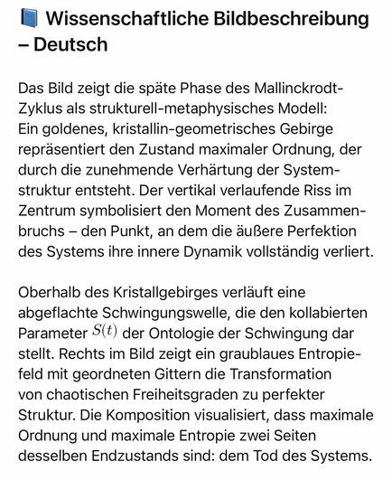 Wissenschaftliche Bildbeschreibung
-Deutsch
Das Bild zeigt die späte Phase des Mallinckrodt-Zyklus als strukturell-metaphysisches Modell:
Ein goldenes, kristallin-geometrisches Gebirge repräsentiert den Zustand maximaler Ordnung, der durch die zunehmende Verhärtung der System-struktur entsteht. Der vertikal verlaufende Riss im Zentrum symbolisiert den Moment des Zusammenbruchs - den Punkt, an dem die äußere Perfektion des Systems ihre innere Dynamik vollständig verliert.
Oberhalb des Kristallgebirges verläuft eine abgeflachte Schwingungswelle, die den kollabierten Parameter S(t) der Ontologie der Schwingung dar stellt. Rechts im Bild zeigt ein graublaues Entropie-feld mit geordneten Gittern die Transformation von chaotischen Freiheitsgraden zu perfekter Struktur. Die Komposition visualisiert, dass maximale Ordnung und maximale Entropie zwei Seiten desselben Endzustands sind: dem Tod des Systems.🖖