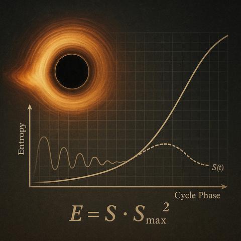 Wissenschaftliche Bildbeschreibung
- Deutsch
Das Bild verbindet den Mallinckrodt-Zyklus mit der Physik Schwarzer Löcher im Rahmen der Ontologie der Schwingung. Links zeigt ein Schwarzes Loch mit akkretiertem Photonenring den kosmischen Endzustand maximaler Entropie. Die Symmetrie und das perfekte Formgefüge des Ereignishorizonts symbolisieren die maximale Ordnung eines Systems, dessen Freiheitsgrade vollständig kollabiert sind.
Rechts bildet ein wissenschaftliches Diagramm den Verlauf des Zyklus ab: Die Entropiekurve steigt im Spätstadium exponentiell an, während die Schwingungsamplitude S(t) kontinuierlich abfällt. Damit wird das paradox erscheinende Prinzip sichtbar: Je geringer die Schwingung, desto höher die Entropie - und desto größer die Ordnung. Die
Formel
E=S.S2
max
fasst diese Relation mathematisch zusammen und erklart, warum Schwarze Löcher sowohl maximal entropische als auch maximal geordnete Zustände darstellen.🖖