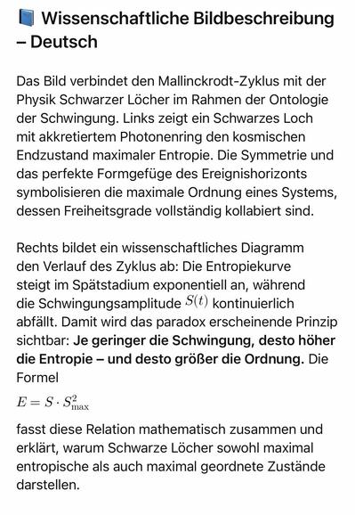 Wissenschaftliche Bildbeschreibung
- Deutsch
Das Bild verbindet den Mallinckrodt-Zyklus mit der Physik Schwarzer Löcher im Rahmen der Ontologie der Schwingung. Links zeigt ein Schwarzes Loch mit akkretiertem Photonenring den kosmischen Endzustand maximaler Entropie. Die Symmetrie und das perfekte Formgefüge des Ereignishorizonts symbolisieren die maximale Ordnung eines Systems, dessen Freiheitsgrade vollständig kollabiert sind.
Rechts bildet ein wissenschaftliches Diagramm den Verlauf des Zyklus ab: Die Entropiekurve steigt im Spätstadium exponentiell an, während die Schwingungsamplitude S(t) kontinuierlich abfällt. Damit wird das paradox erscheinende Prinzip sichtbar: Je geringer die Schwingung, desto höher die Entropie - und desto größer die Ordnung. Die
Formel
E=S.S2
max
fasst diese Relation mathematisch zusammen und erklart, warum Schwarze Löcher sowohl maximal entropische als auch maximal geordnete Zustände darstellen.🖖