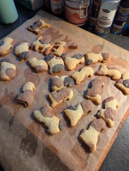 Eine Übersicht der gebackenen Kekse aus der ersten Mischung. Es gibt sitzende, liegende und stehende Katzen. Alle eher mit heller Basis und dunklen Flecken. Wobei es braune und fast schwarze Flecken gibt.