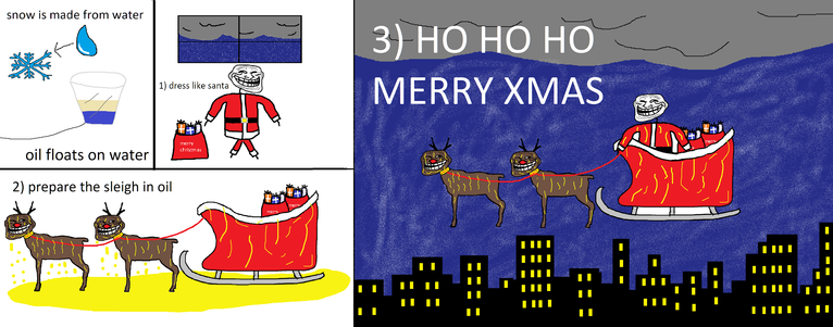 1) snow is made of water
2) dress like santa
3) prepare the sleigh in oil
4) ho ho ho merry xmas