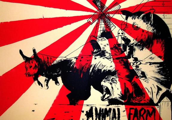Book cover for Animal Farm by Orwell with black ink drawings of farm animals on top of a striking red and white pinwheel background