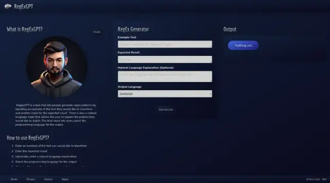 RegexGPT is a tool that lets people generate regex patterns by inputting an example of the text they would like to transform and another input for the expected result. There is also a natural language input that allows the user to explain the pattern they would like to match. The final input lets users select the programming language for the output.