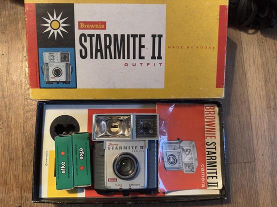 A Kodak Starmite II, in box, with two rolls of Efke R100 inside.