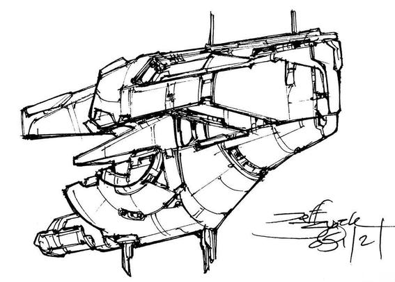 Black and white line art sketch of an imaginative sci fi spaceship. Each one is very different. Tall and narrow flat-topped techasaurus head that has been repurposed into a fish shaped configuration. Fun greeble in all the recesses.
