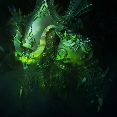 A towering 80mm warjack named Deathjack, characterized by its dark, menacing design, stands prominently in the image. Its body is adorned with spikes and skulls, featuring glowing green accents that enhance its intimidating presence. The background is dark and atmospheric, suggesting a foreboding environment fitting for this soul-hungry terror.