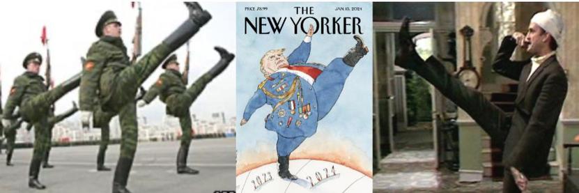 1. Russian soldiers goosestepping 
2. NY Times cover of adolf trump goosestepping with the russians
3.  John Clease goosestepping in the opposite direction while wearing a beanie and holding his nose