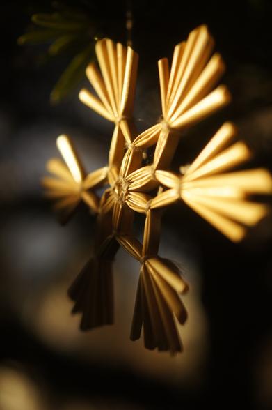 A close-up shot shows a straw star ornament hanging against a dark background. The star is made of thin, golden straw pieces, arranged in a symmetrical pattern. Each point of the star consists of several straw pieces fanned out and tied together with a thin thread. There's a hint of green foliage visible in the upper left corner of the frame. The lighting is warm, emphasizing the golden tones of the straw.
