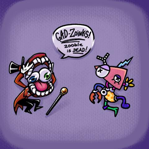 Zooble has kindly volunteered to be the victim in today’s murder mystery adventure! Caine is flabbergasted (his doing).