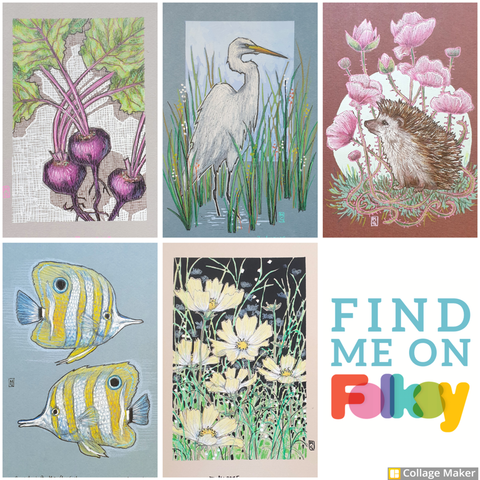 A photo collage of some of my art with the banner 'Find me on Folksy':
Beetroot, a great white egret, a hedgehog with pink flowers, butterfly fish and yellow cosmos flowers