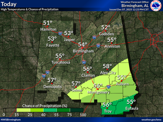 Mostly cloudy this afternoon with showers across the southeast third of the area. Highs will range from the low 50s far north to the upper 50s south.