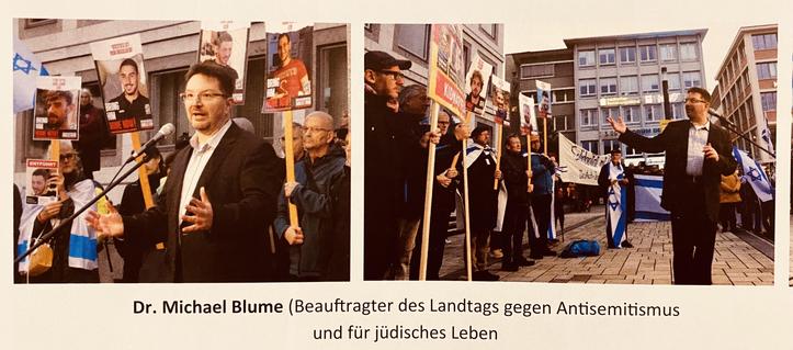 Zwei Fotos von Dr. Michael Blume bei seiner Demo-Rede bei „Solidarität mit Israel - gegen jeden Antisemitismus“ in Stuttgart am 5. Oktober 2025. Links spricht er vor Plakaten israelischer Geiseln, rechts verweist er auf drusische Opfer islamistischer Gewalt in Syrien.