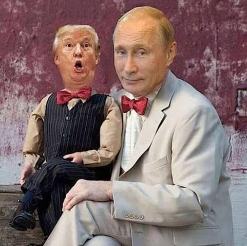 Image shows Trump as a puppet and Putin as the puppet master.