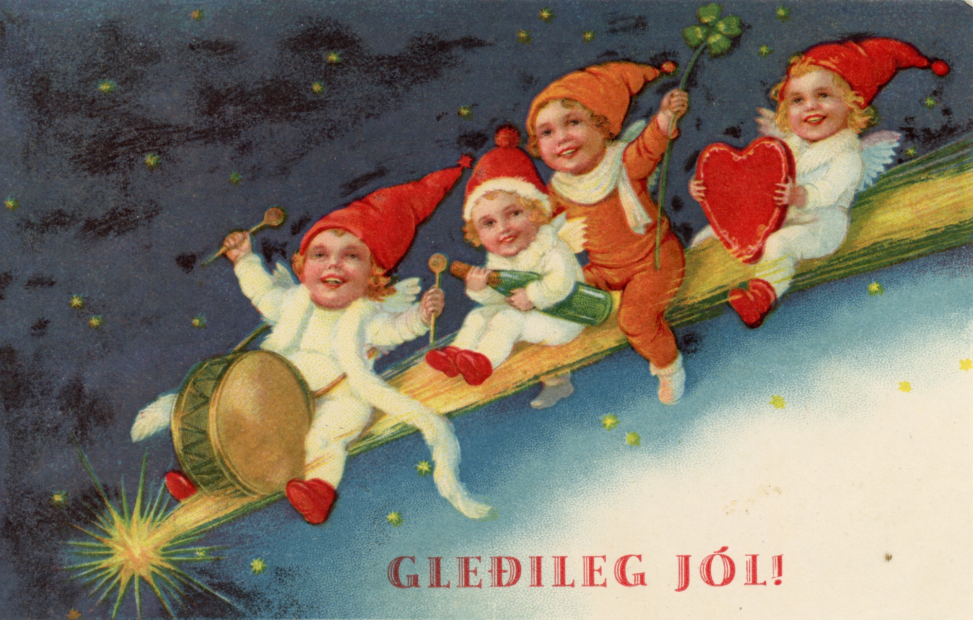Four little angels having a party on what looks like a comet. One is holding a drum, and another one a champagne bottle. They seem to be having a grand old time.