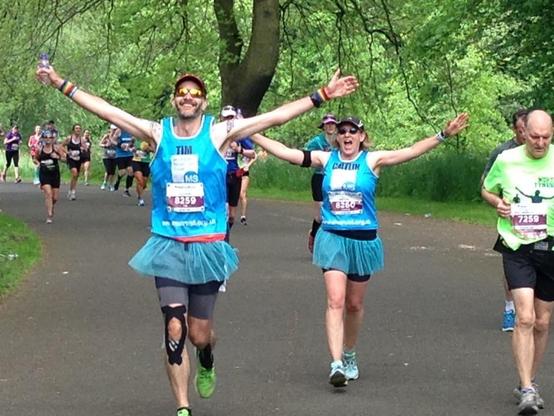 About 22 miles into the Liverpool Marathon in (I think) Sefton Park. I’m running with my wife and we both have our arms spread out wide and we look deliriously happy. We’re both wearing blue MS Trust vests and blue tutus. My knee and leg are very heavily strapped. For some reason, between April 2018 and April 2019, I ran four full marathons and raised about £40,000 for the MS Trust. I was even featured in the Daily Mirror, but less I felt special, the runner profiled underneath me was running without kidneys. The bloody show off.