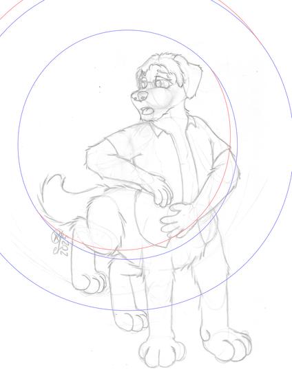 Pencil sketch of RK, an anthro flop-eared dog, looking back at his new rear end after turning into a taur. He's emerging from a giant letter O, as though it's some sort of portal.