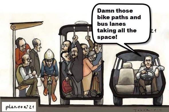 Iconic cartoon showing a single driver in a wide car taking up most of the street space. With many people crammed into the bus, bike and pedestrian space left over. Someone later added a voice box with the driver saying “Damn those bike paths and bus lanes taking all the space!”