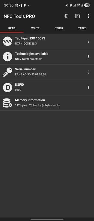 a screenshot of NFC tools application on the "read" tab with a NFC tag that is read to be "Tag type: ISO 15693 NXP - ICODE SLIX" with 112 bytes of storage, but currently empty