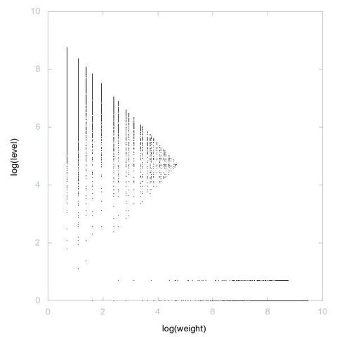Decomposition into weight × level + jump of flag numbers in 2D (log(weight), log(level))
