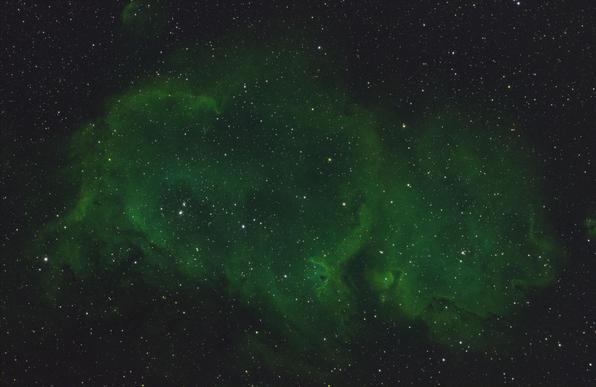 A three-panel mosaic of the Soul Nebula in a SHO palette, with the strong H-alpha signal showing up in green. This was a quick stack and stitch with almost no processing.