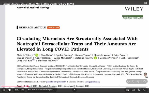 Description by Gemini Fast: A screenshot showing the title page of a research article from the Journal of Medical Virology. The title reads: "Circulating Microclots Are Structurally Associated With Neutrophil Extracellular Traps and Their Amounts Are Elevated in Long COVID Patients." The names of the researchers and their international affiliations are listed below.
