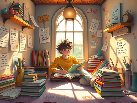 Cozy study nook with a child reading amidst stacks of colorful books and notes on the walls, bathed in sunlight.
