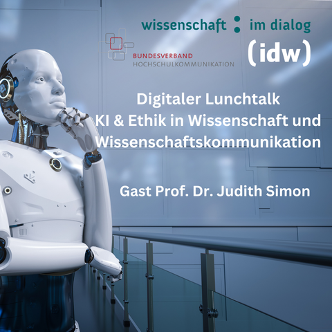 digitaler lunchtalk ki und ethik in wissenschaft mit prof simon mit einem foto von einer roboterartigen figur, die nachdenkt