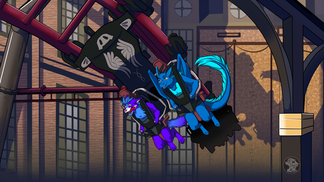Artwork of my blue fluffy dragon and Violet's blue and purple wolf riding the F.L.Y. roller coaster in Phantasialand.