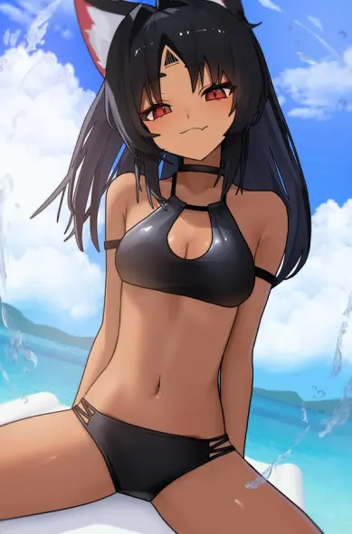 Nekomata sitting on some sort of white float in what looks like a large body of water. She is wearing a black bikini, and she has a smug grin on her face. She appears to have her hair down.