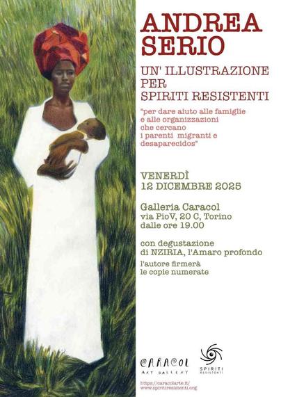 Volantino diviso verticalmente in due metà.

A sinistra il disegno di una donna nera con un candido vestito e un copricapo di un bel rosso acceso tiene in braccio un bimbo dormiente, sullo sfondo una prateria.

A destra il testo già compreso nel messaggio, in fondo i loghi della galleria Caracol e di Spiriti Resistenti e i riferimenti ai rispettivi siti web.