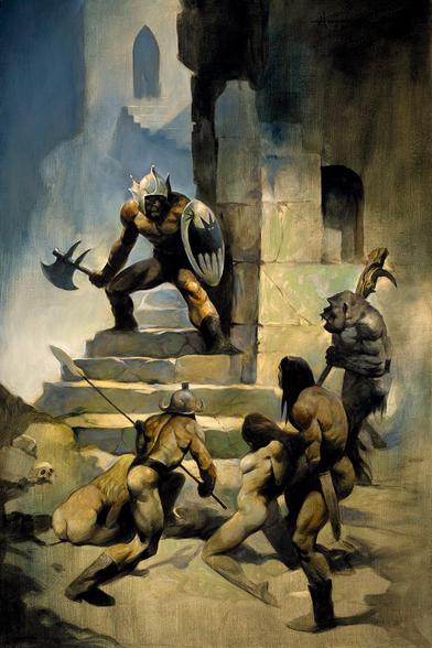 Art by Mike Hoffman - a Korasha armed with helm, bat-decorated shield, and axe stands upon a stairway. Below, figures react to his appearance. A woman cowers at the stairfoot. Behind her, a male figure readies a spear. To his left, another male figure grapples a captive female on her knees before him. Further to the left, an apelike figure bearing a spiked cudgel stands dumbfounded.