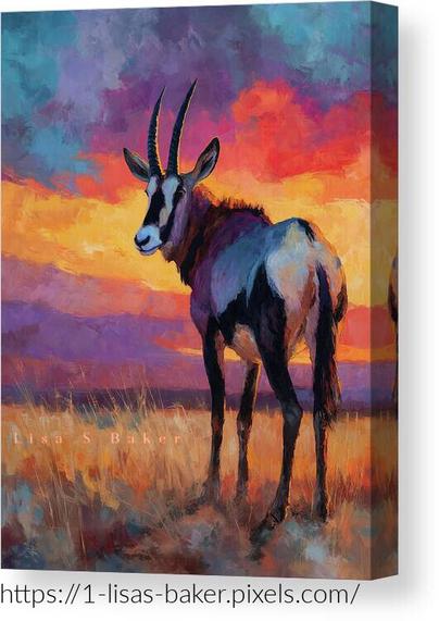 Sunset Antelope by Lisa S Baker.

An antelope stands poised in the last light of day, its graceful form outlined by sweeping strokes of gold, violet, rose, and deep blue. The dramatic sky behind it glows with sunset color, adding a sense of movement and wild beauty to the scene. Textured brushwork gives the piece depth and presence, while the antelope's attentive gaze brings a quiet, soulful connection. This contemporary wildlife portrait blends vibrant color with natural elegance - perfect for western décor, nature lovers, and collectors who appreciate bold, expressive art.