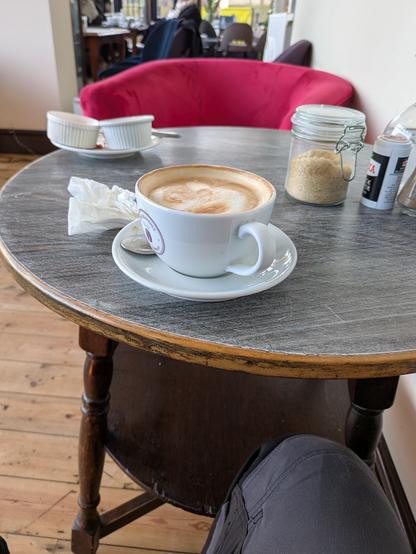 A cup of coffee on a table.