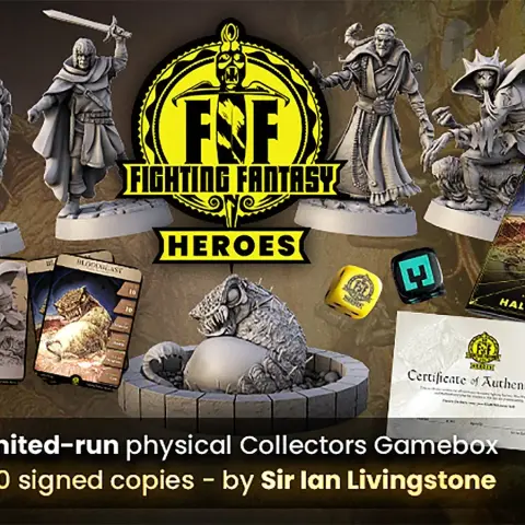 A collection of Fighting Fantasy miniatures is displayed prominently, featuring various characters and creatures from the gamebooks, including a wizard and a villain in cloaks. In the foreground, a detailed miniature of a creature called Bloodbeast is accompanied by its stat card. The scene also includes branded dice, a certificate of authenticity, and a decorative gamebox, all set against a dark background with the Fighting Fantasy Heroes logo prominently featured.