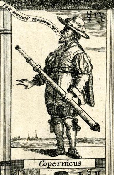 A detail from print showing a man (Copernicus) with a big telescope. The detail is from the title-page og George Hartgill's 'Astronomical Tables' (London, 1656), and can be accessed here: https://www.britishmuseum.org/collection/object/P_1869-0612-501
