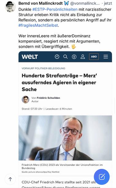 Bernd von Mallinckrodt W @vonmallinck... jetzt Dunkle #ESTP-Persönlichkeiten mit narzisstischer Struktur erleben Kritik nicht als Einladung zur Reflexion, sondern als persönlichen Angriff auf ihr #fragilesMachtSelbst.
Wer innereLeere mit äußererDominanz kompensiert, reagiert nicht mit Argumenten, sondern mit Übergriffigkeit.🖖