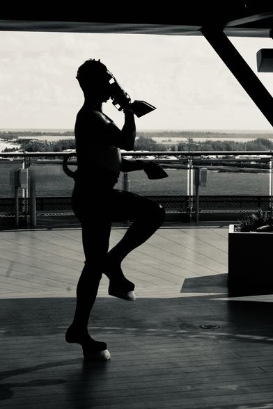 A black and white side silhouette of a hooded ponyhound marching forward with one hind leg mid air
