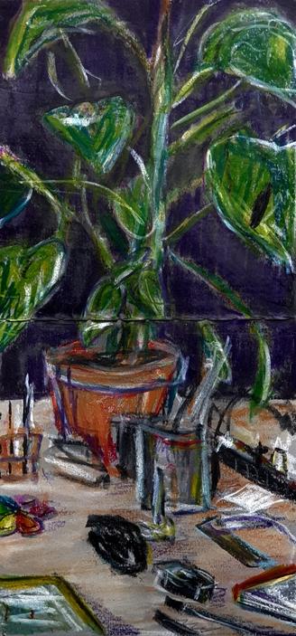 Pastelkreide auf Karton, ein Terrakott Blumentopf mit einer Monstera Pflanze, eines der zahlreichen Blätter ist einfach fenestriert. Drum herum auf einem Holzschreibtisch, Zettel, Notizbücher und Stiftehalter.