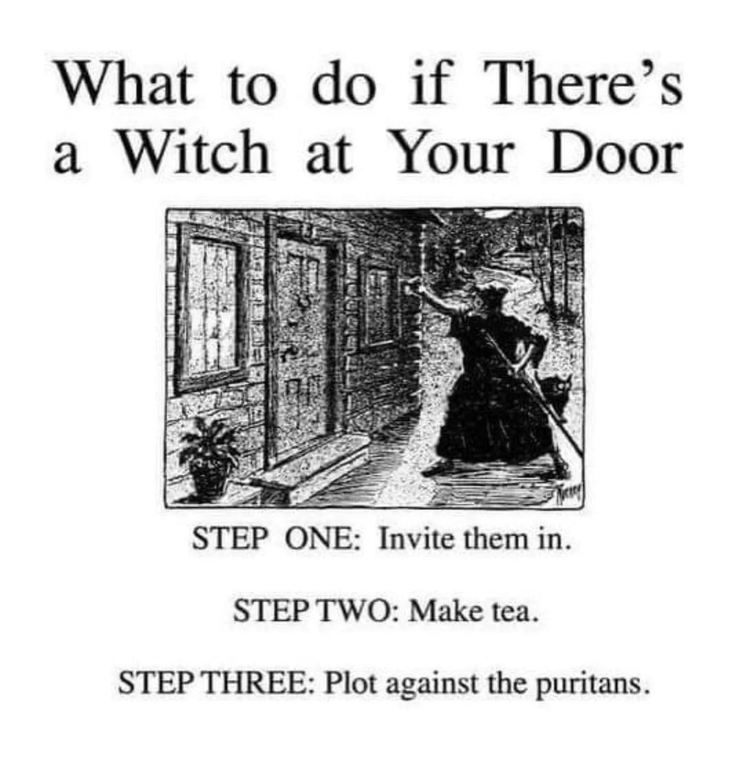 what to do if there's a witch at your door (black and white illustration of a witch knocking on a door to a house) step one: invite them in  step two: make tea  step three: plot against the Puritans