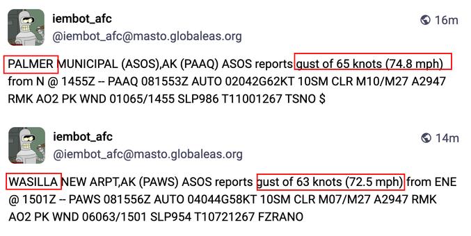 Screenshot of aviation reports of 70+ mph wind gusts at Palmer and Wasilla airports.